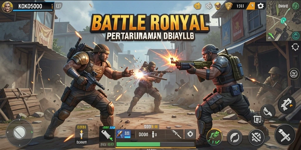 Screenshot gameplay KOKO5000 menampilkan pertempuran seru dan intens dalam Battle Royale.